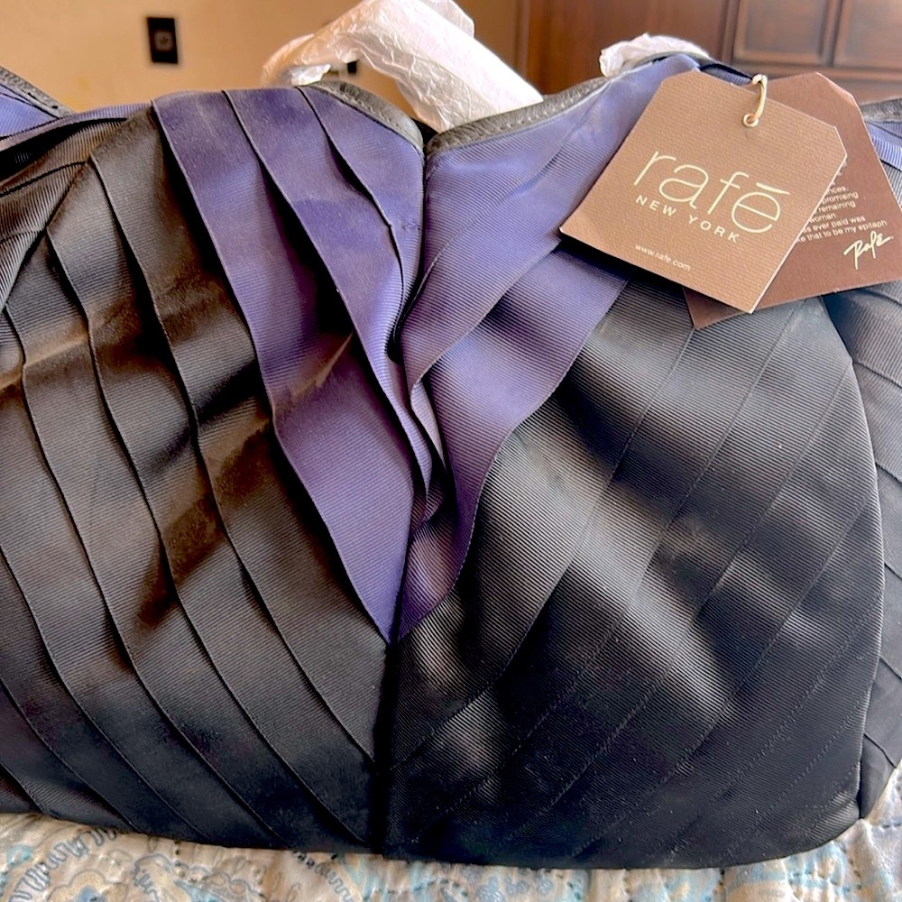NWT rare stunning TOTE 15 wide 12 deep 9 leather & ribbons of silk